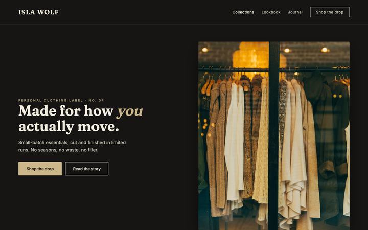 Personal clothing brand website on desktop