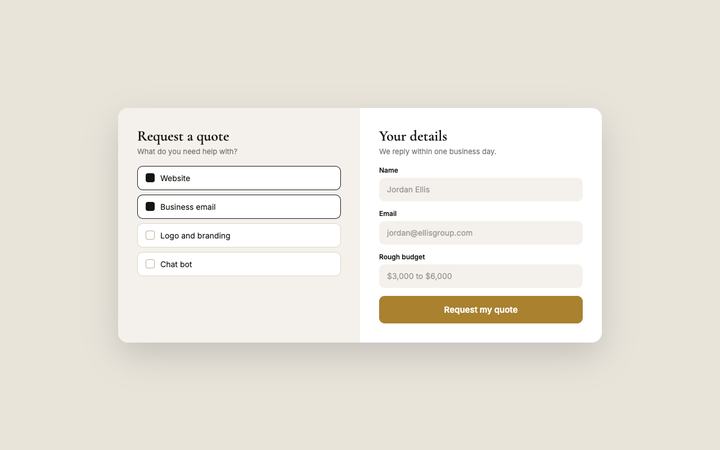 Quote request form on desktop