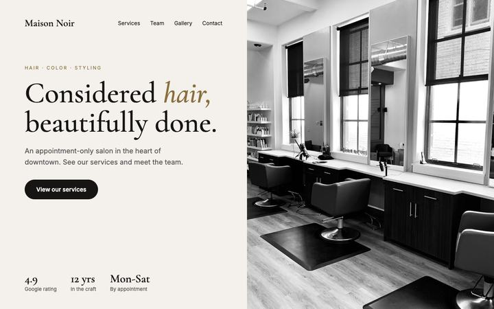 Editorial salon website on desktop