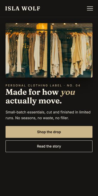 Personal clothing brand website on mobile