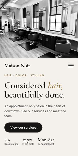 Editorial salon website on mobile